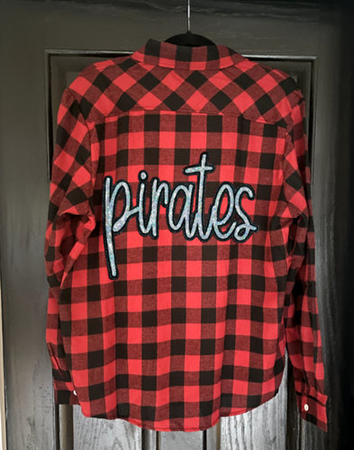 Pirates Script Patch Buffalo Plaid Button Up