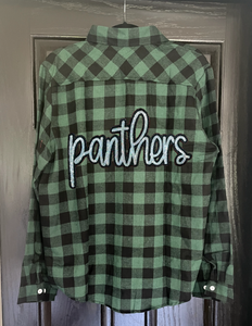 Panthers Script Buffalo Plaid Button Up