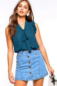 Sleeveless Pleated Tie Front Blouse