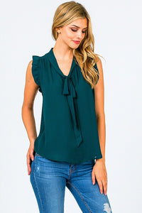 Sleeveless Pleated Tie Front Blouse