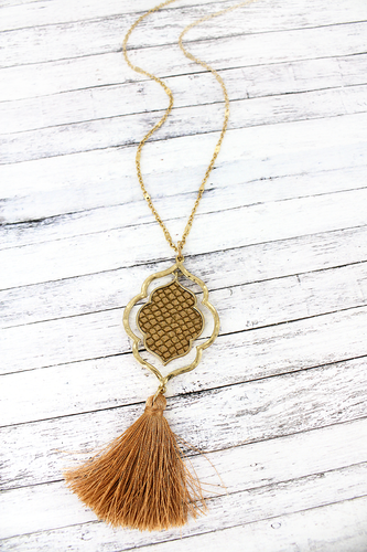 Crave Goldtone and Brown Python Orbital Moroccan Tassel Necklace