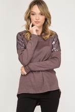 Load image into Gallery viewer, Long Sleeve Top With Contrast Sequin Shoulders