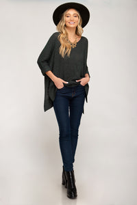 3/4 Sleeve Hi-Low Sweater with Folded Cuffs