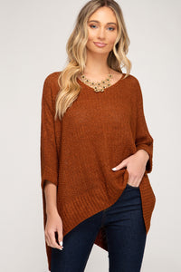 3/4 Sleeve Hi-Low Sweater with Folded Cuffs