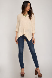 3/4 Sleeve Hi-Low Sweater with Folded Cuffs