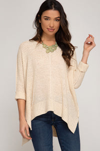 3/4 Sleeve Hi-Low Sweater with Folded Cuffs