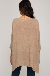 3/4 Sleeve Hi-Low Sweater with Folded Cuffs