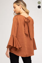 Load image into Gallery viewer, Bell Sleeve Satin Top With Back Tie Detail