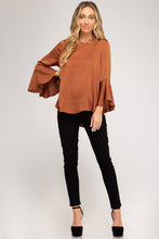 Load image into Gallery viewer, Bell Sleeve Satin Top With Back Tie Detail