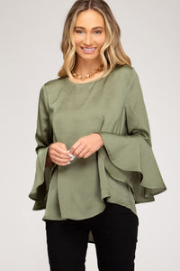 Bell Sleeve Satin Top With Back Tie Detail