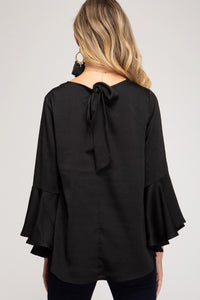 Bell Sleeve Satin Top With Back Tie Detail