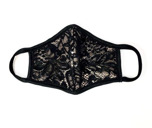 ADULT Lace Sequin Face Mask - Black/Tan