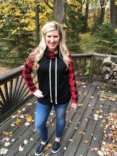 Buffalo Plaid Cowl Neck Hoodie Sweatshirt