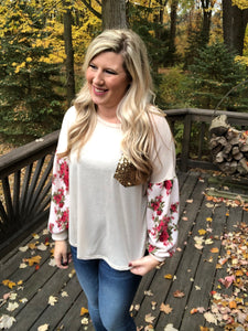 Puff Floral Sleeve Accent Pocket Top