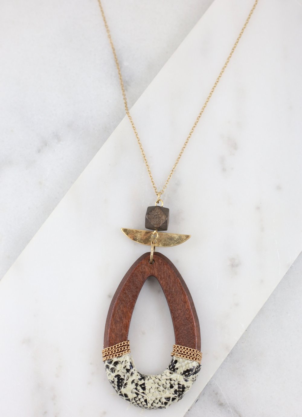 Patridge Long Necklace With Wooden Snake Print Wrapped Teardrop Pendant