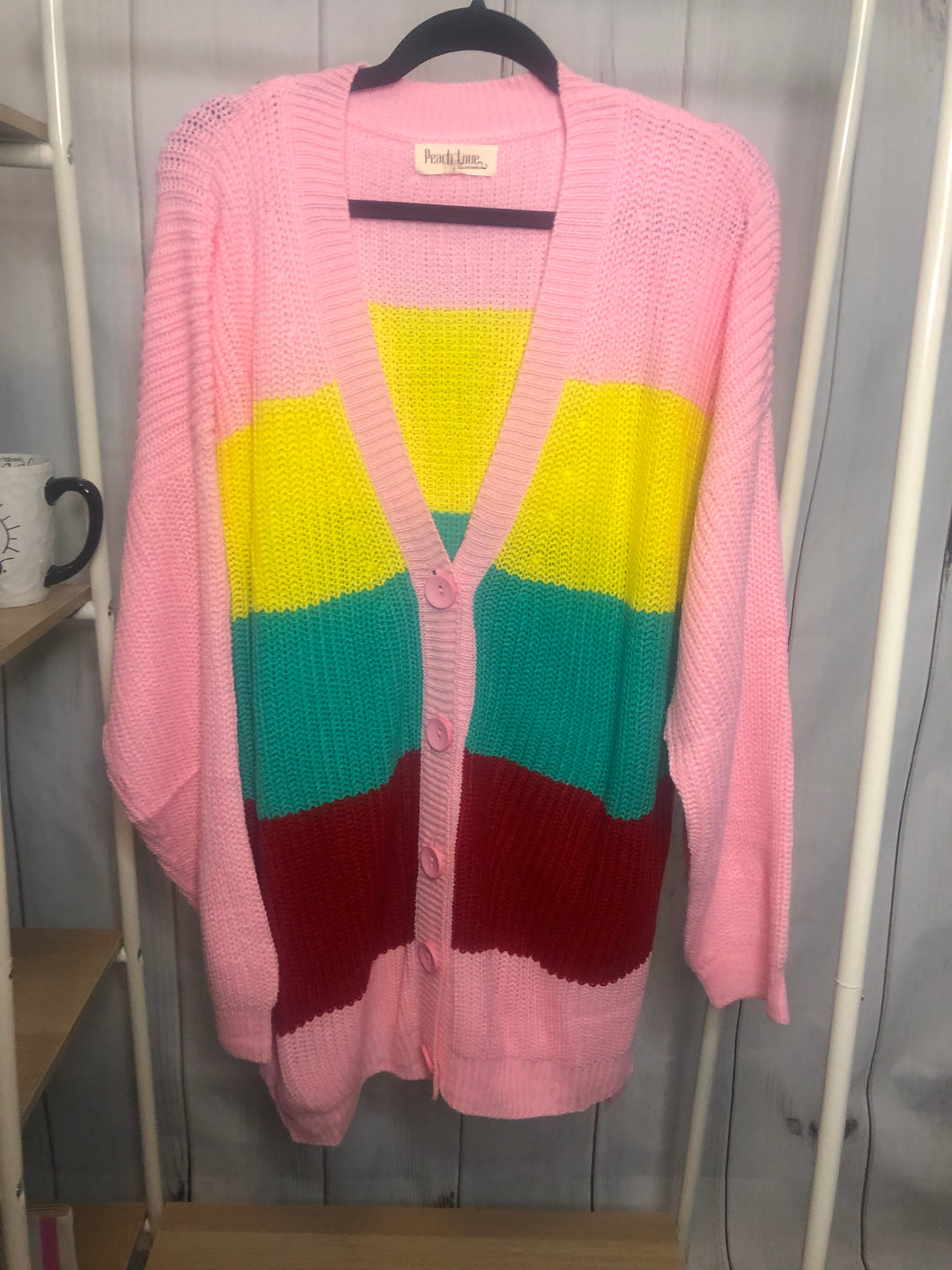 Pink Color Block Button Cardigan