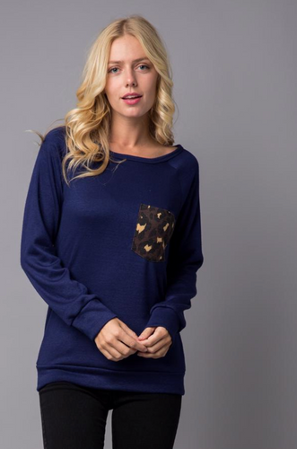 Navy Animal Print Pocket Top