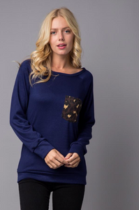 Navy Animal Print Pocket Top