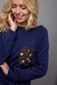 Navy Animal Print Pocket Top