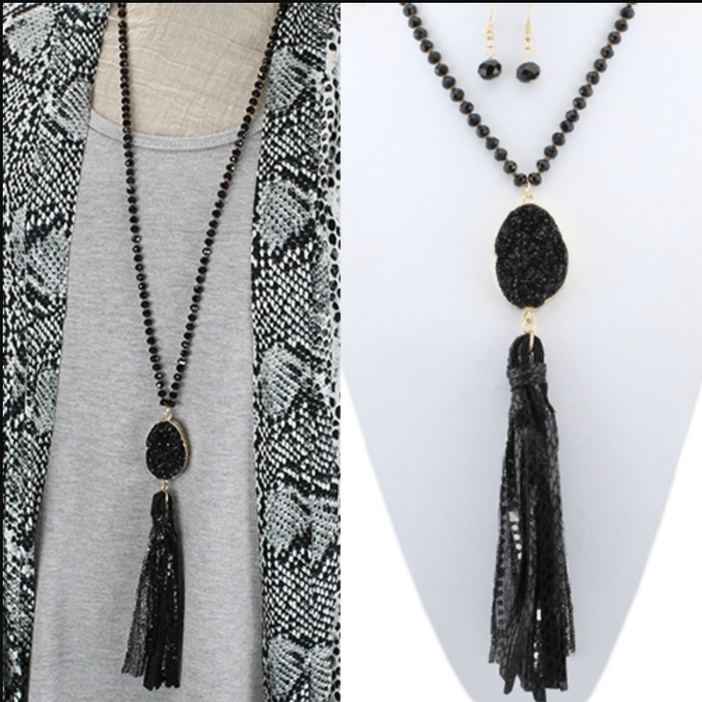 Black Druzy Stone Tassel Necklace & Earrings