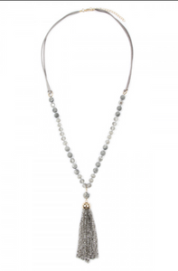 Gray Beaded Tassel Necklace