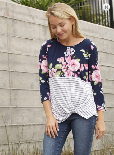 Floral and Stripe Side Twist Top