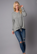 Load image into Gallery viewer, Olive Striped Hoodie Long Sleeves with Tie Front