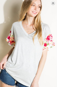 Pin Stripe Floral Sleeve Tee