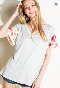 Pin Stripe Floral Sleeve Tee