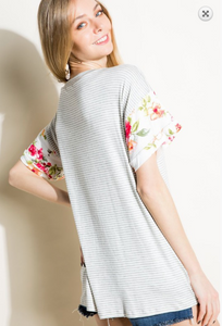 Pin Stripe Floral Sleeve Tee