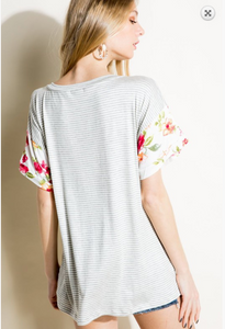 Pin Stripe Floral Sleeve Tee