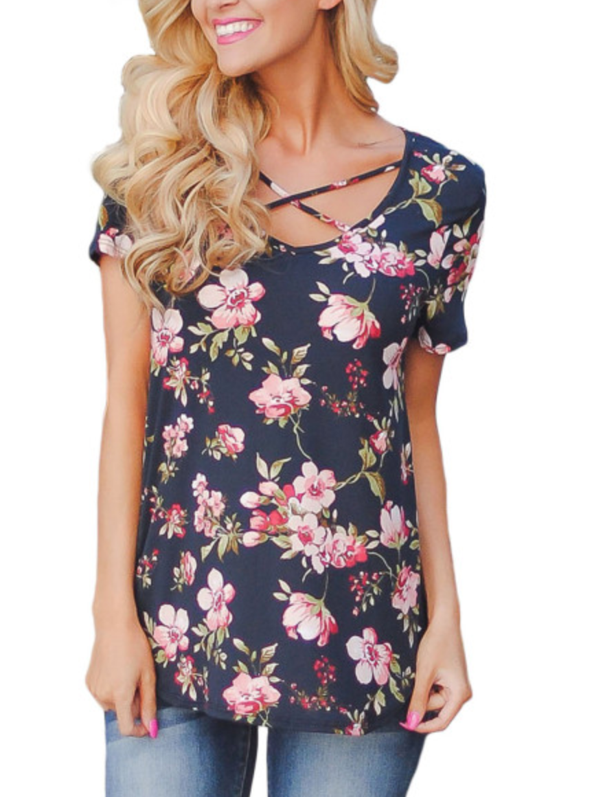 Navy Floral Crisscross Top (S)