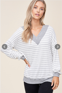 Striped Double V Neck Top