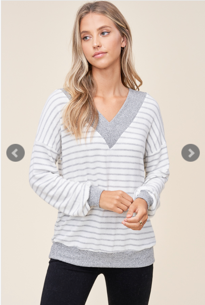 Striped Double V Neck Top