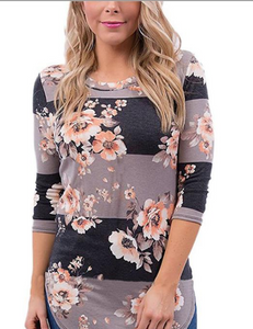 3/4 Sleeve Floral Stripe Top