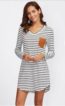 Load image into Gallery viewer, Suede Pocket Curved Hem Striped Tee Dress