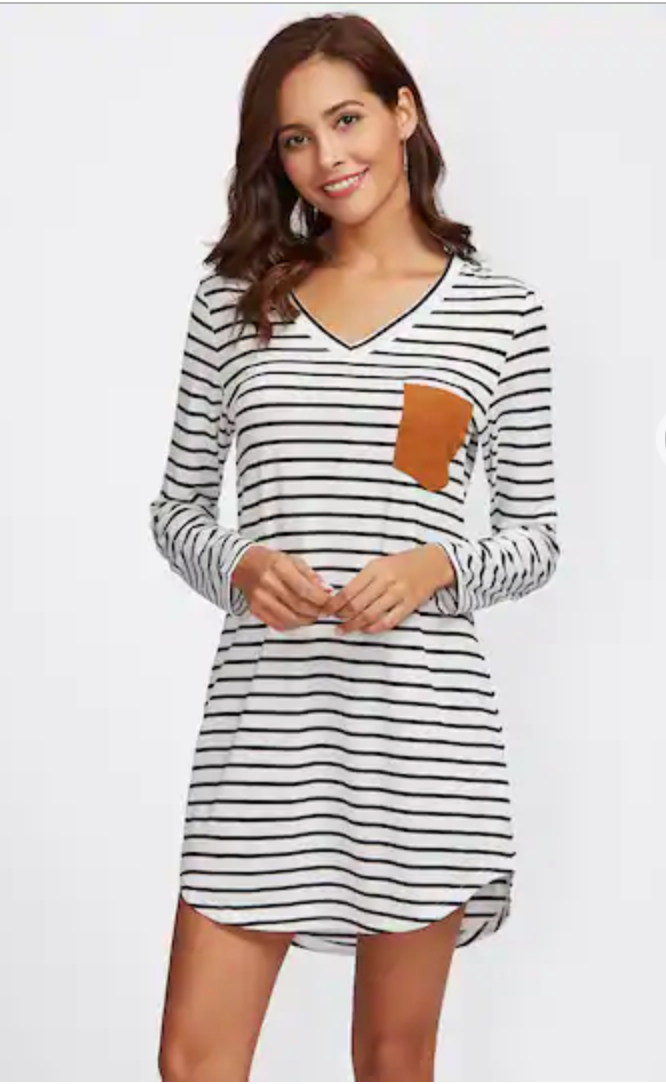 Suede Pocket Curved Hem Striped Tee Dress