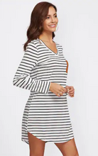 Load image into Gallery viewer, Suede Pocket Curved Hem Striped Tee Dress