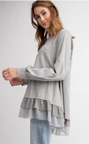 Soft Bubble Sleeve Knit Lace Ruffle Tunic