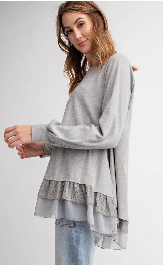 Soft Bubble Sleeve Knit Lace Ruffle Tunic