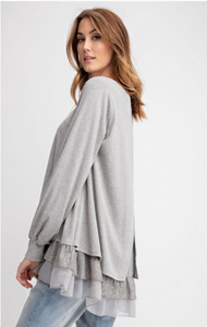 Soft Bubble Sleeve Knit Lace Ruffle Tunic