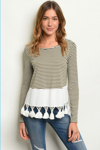 Olive Striped Pom-Pom Top
