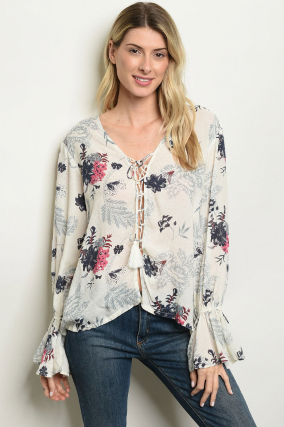 Ivory Floral Tie Front
