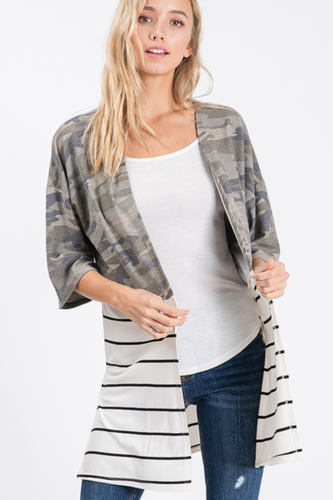 Camo and Ivory Striped Kimono Cardigan