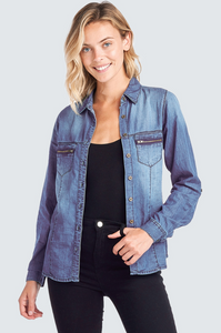 Long Sleeve Denim Button Up - Zip Pocket