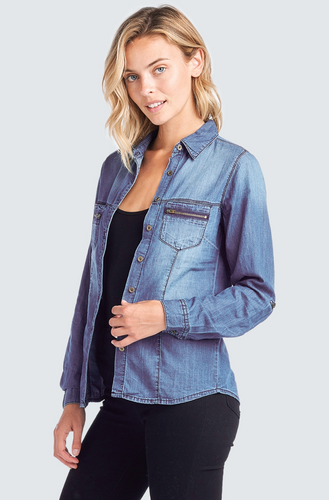 Long Sleeve Denim Button Up - Zip Pocket