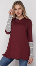 Load image into Gallery viewer, Burgundy Striped Sleeve Hoodie
