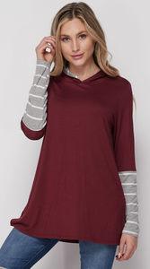 Burgundy Striped Sleeve Hoodie