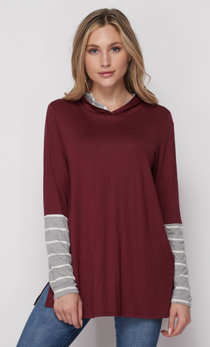 Burgundy Striped Sleeve Hoodie