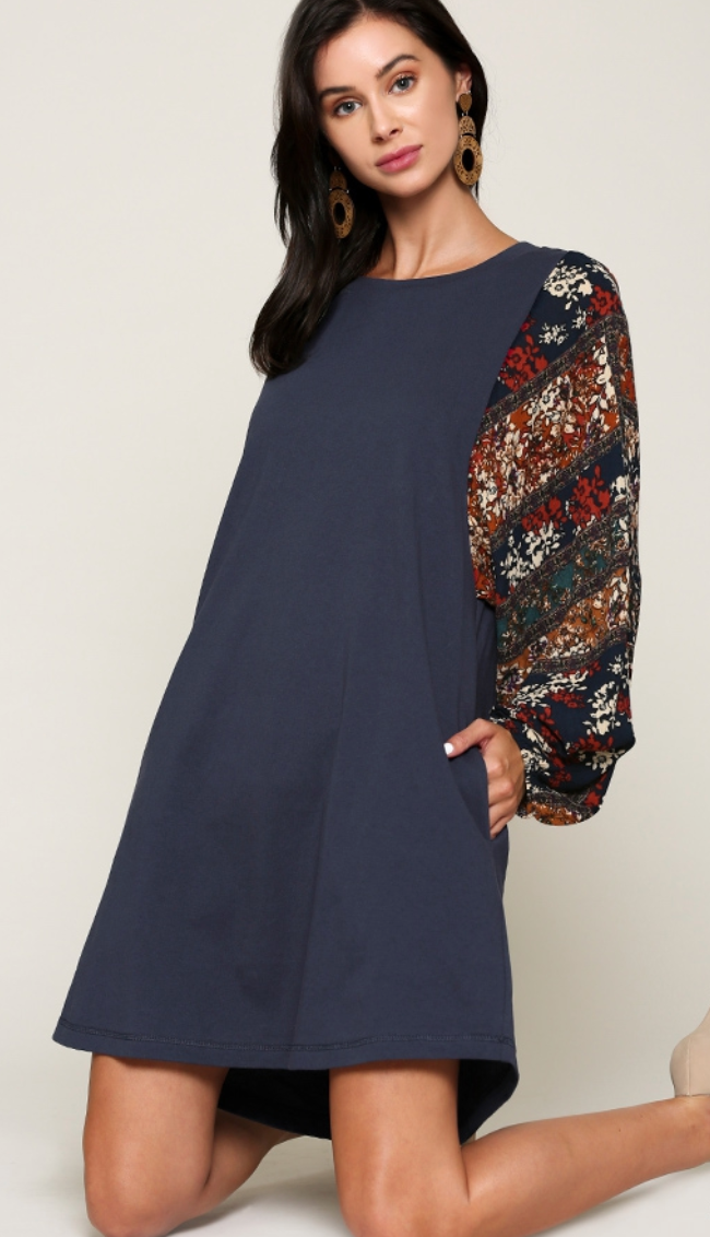 Printed Patch Sleeve Dress